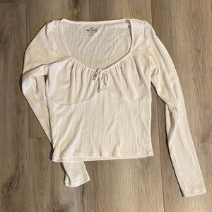 Hollister Cream Ribbed Long Sleeve Scoop Neck Top